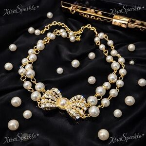 Gold and Pearl Bow Necklace Pearl Choker Necklace Gift for Her